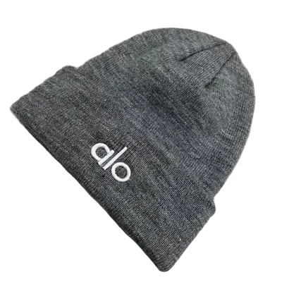 ALO Gray Knit Beanie: Winter Unisex Cap with Logo