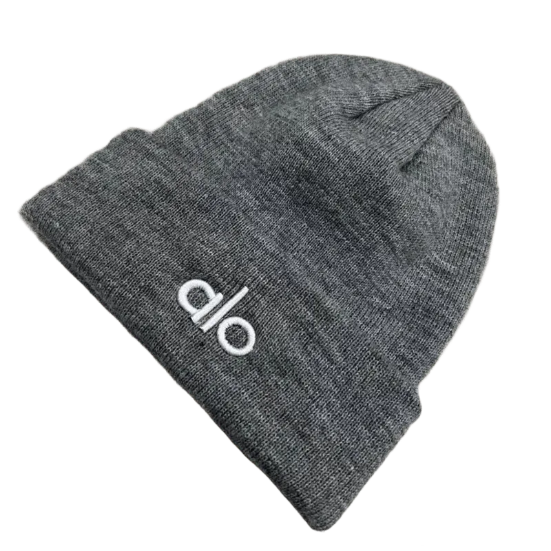ALO Gray Knit Beanie: Winter Unisex Cap with Logo