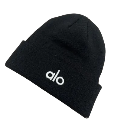 ALO Unisex Black Beanie: Winter Warmth, Embroidered Logo