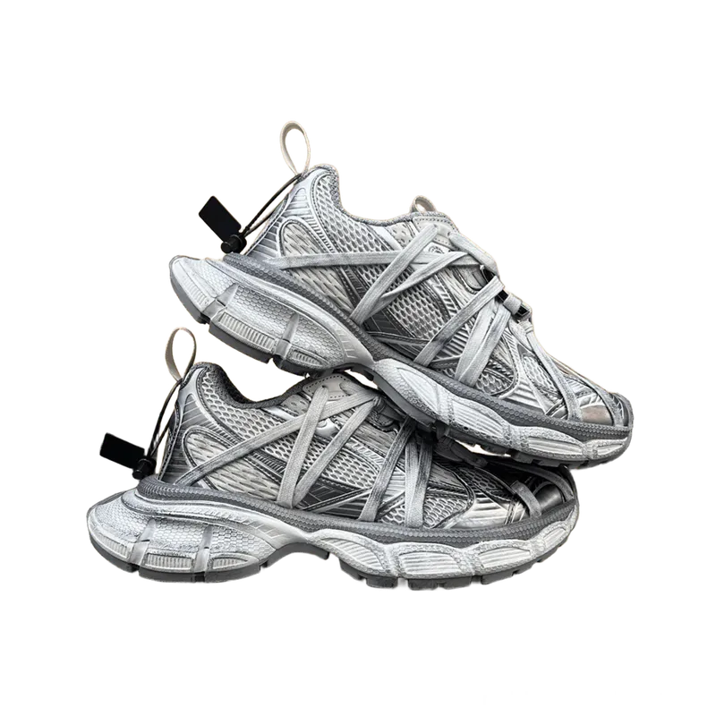 Balenciaga Silver Grey Cross-Strap Mesh Leather Sneakers Unisex