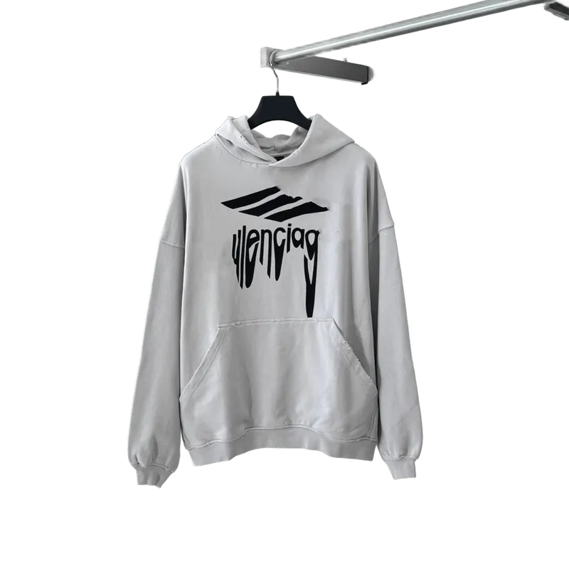 BALENCIAGA Distorted Logo Hoodie: Grey Cotton Unisex Streetwear