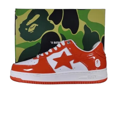 Bape 90s Orange White Patent Leather Sneakers, Unisex