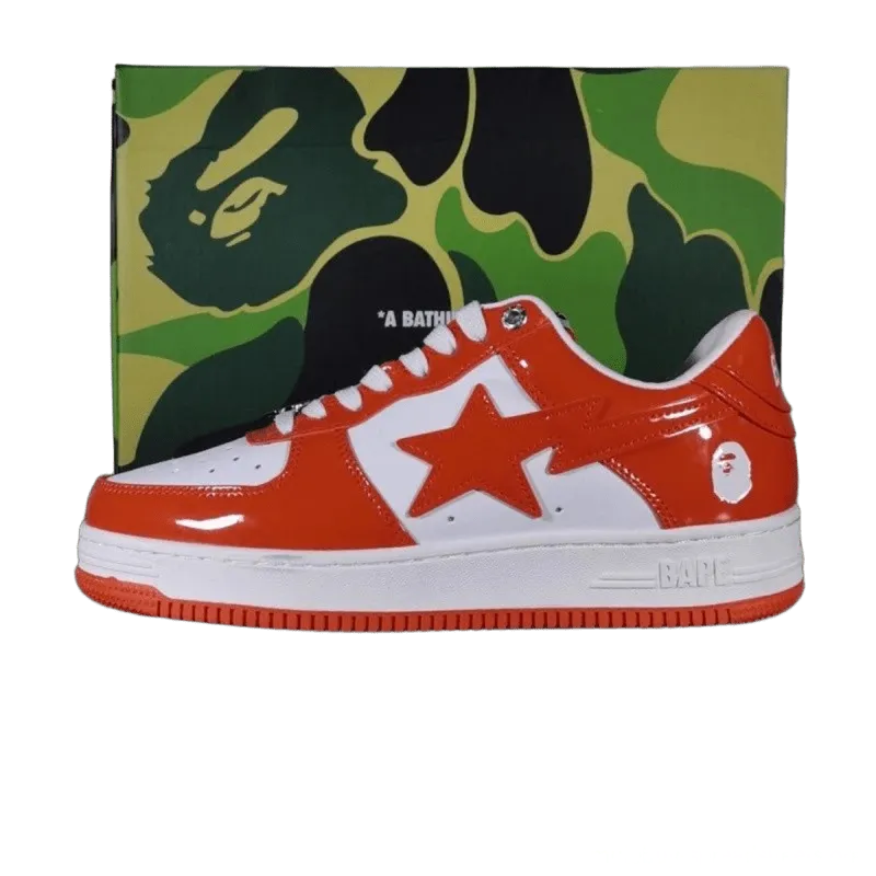 Bape 90s Orange White Patent Leather Sneakers, Unisex