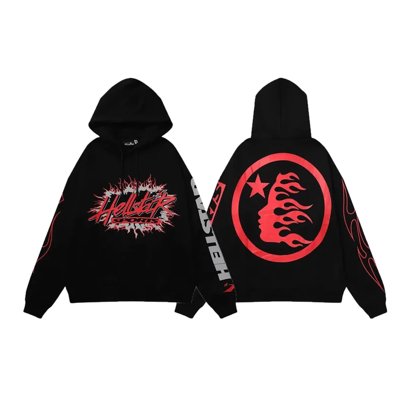 Hellstar Black Hoodie: Flame Print, Cotton, Streetwear
