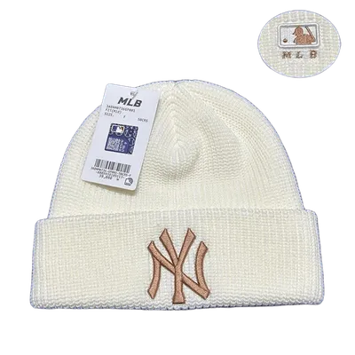 MLB NY Embroidered White Beanie: Unisex Winter Knit Hat