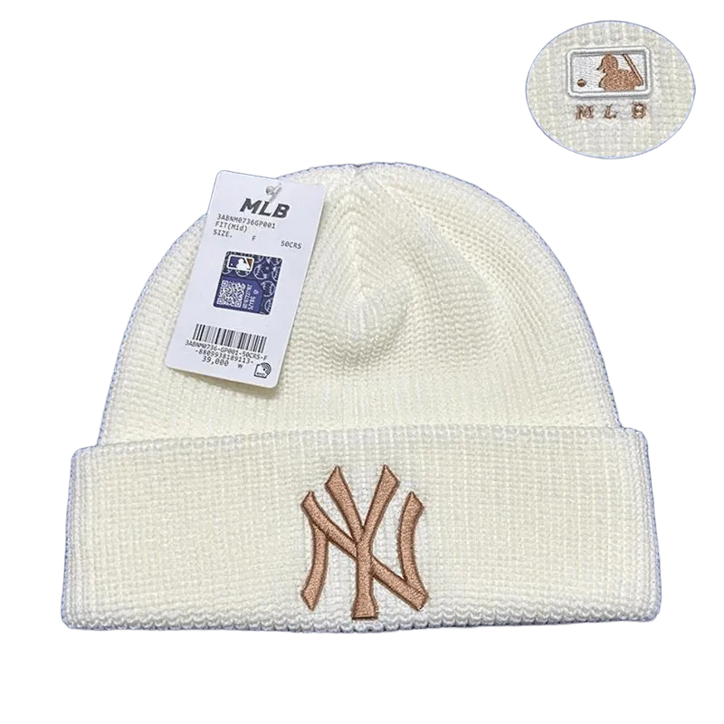 MLB NY Embroidered White Beanie: Unisex Winter Knit Hat