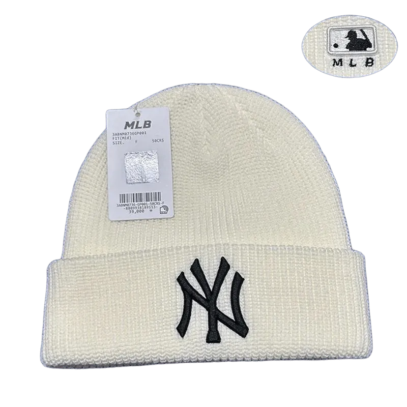 MLB NY Wool Knit Beanie - White Winter Hat Unisex Streetwear