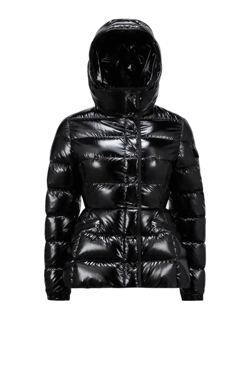 Moncler Women's Glossy Black Down Jacket, Hooded Fitted Coat