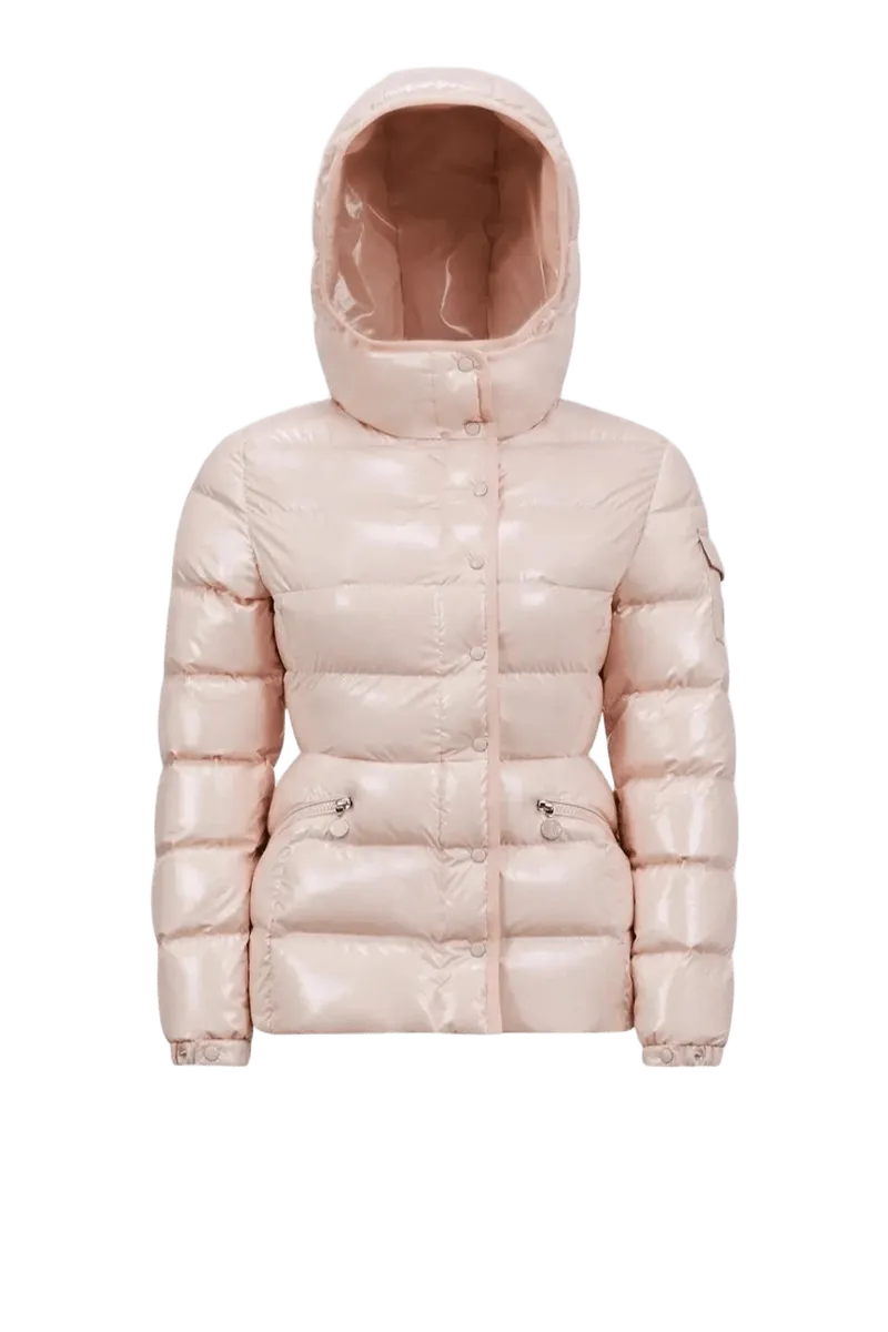 Moncler Pink Glossy Puffer Coat for Women, Hooded Winter Jacket