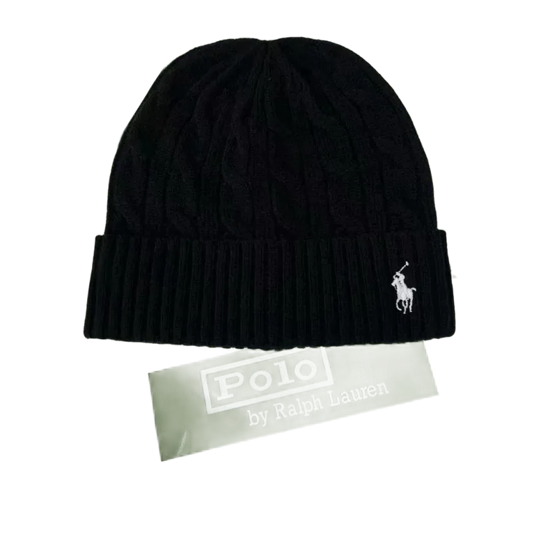 Ralph Lauren Black Wool Blend Unisex Knit Beanie