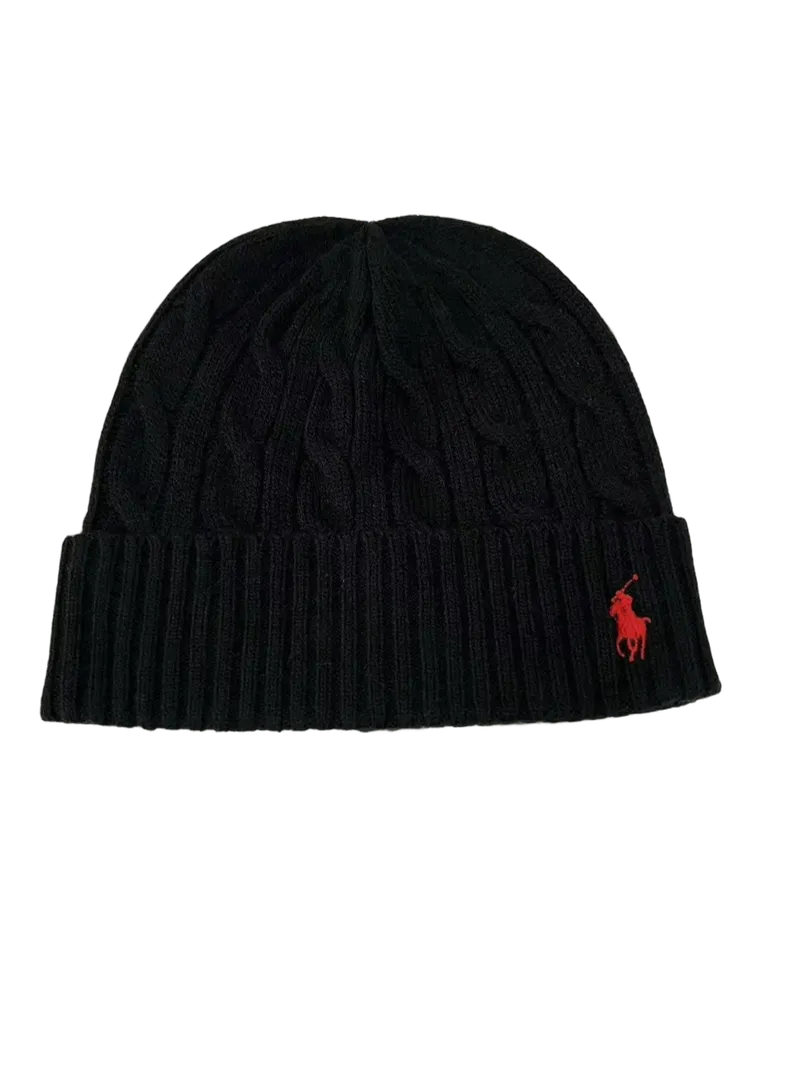Ralph Lauren Polo Black Wool Knit Beanie with Logo