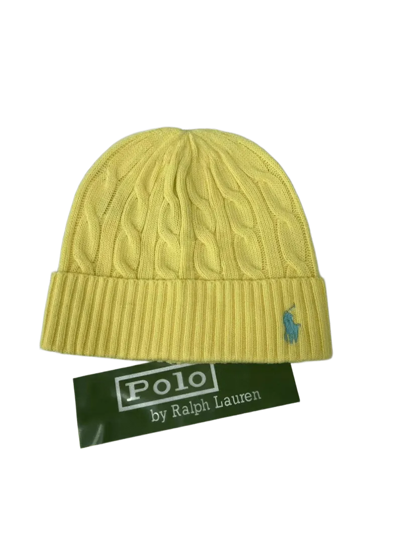 Ralph Lauren Polo Yellow Cable Knit Beanie, Unisex Winter Hat