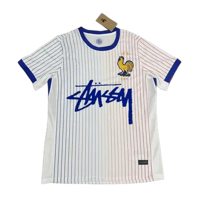 Stussy White Football Jersey: Breathable Streetwear with Blue Graffiti