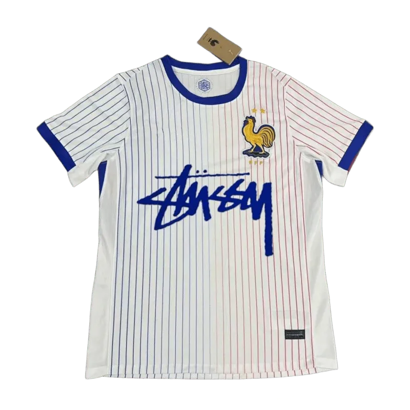 Stussy White Football Jersey: Breathable Streetwear with Blue Graffiti