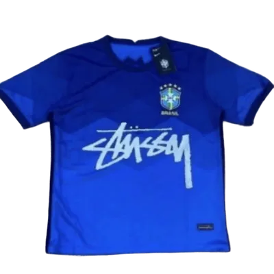 Stussy 90s Retro Blue Football Jersey, Brazil Graffiti Logo