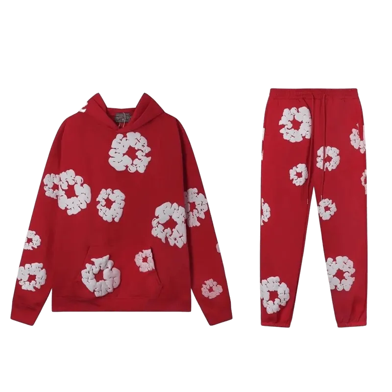 Denim Tears Red Hoodie: Unisex Cotton Streetwear Set