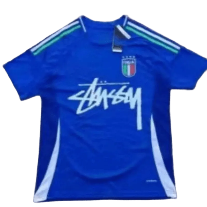 Stussy 90s Blue Football Jersey: Retro Unisex Streetwear Top
