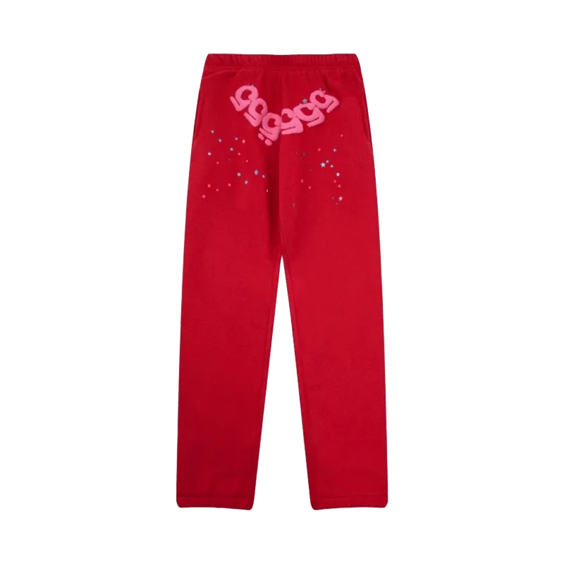 SP5DER Red Joggers: Unisex Star-Print Streetwear Pants