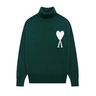 Amiclams Deep Green Wool Turtleneck Sweater with Heart Design