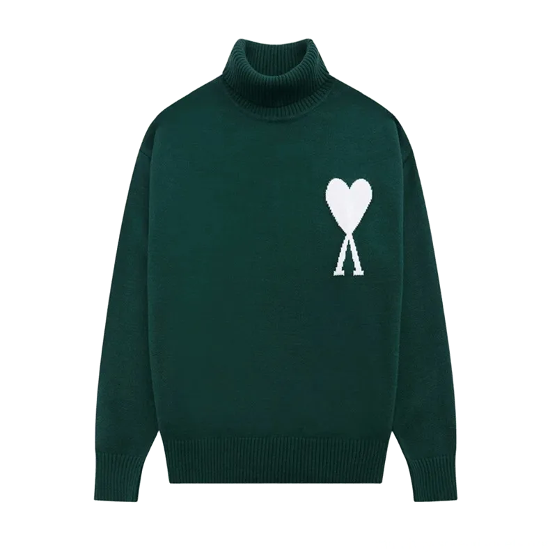 Amiclams Deep Green Wool Turtleneck Sweater with Heart Design