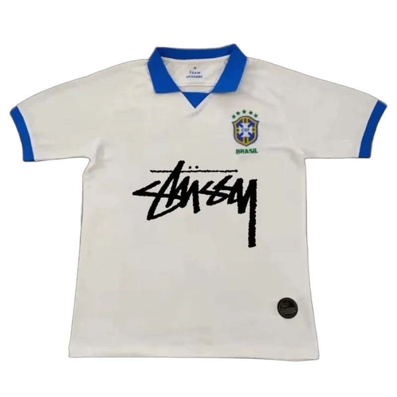 Stussy 90s Retro Soccer Jersey White Blue Cotton Unisex Brazil
