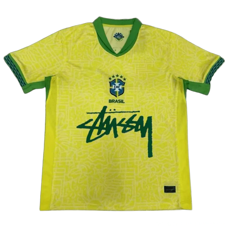 Stussy Yellow Brazil V-Neck Football Jersey, Quick-Dry Streetwear