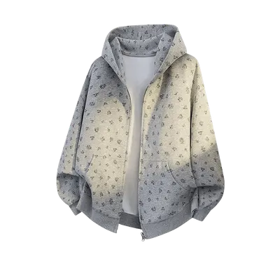 AOBINKA Grey Floral Hooded Cardigan, Unisex Cozy Cotton Jacket