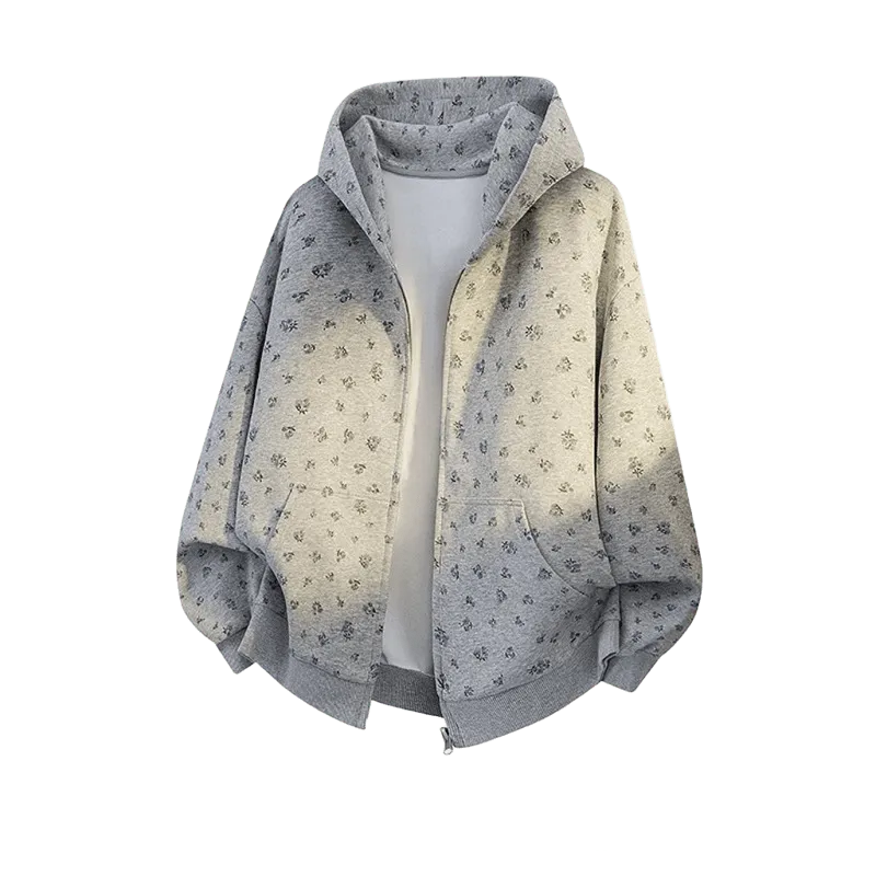 AOBINKA Grey Floral Hooded Cardigan, Unisex Cozy Cotton Jacket