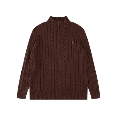 Ralph Lauren Brown Wool Blend Cable-Knit Zip-Neck Sweater