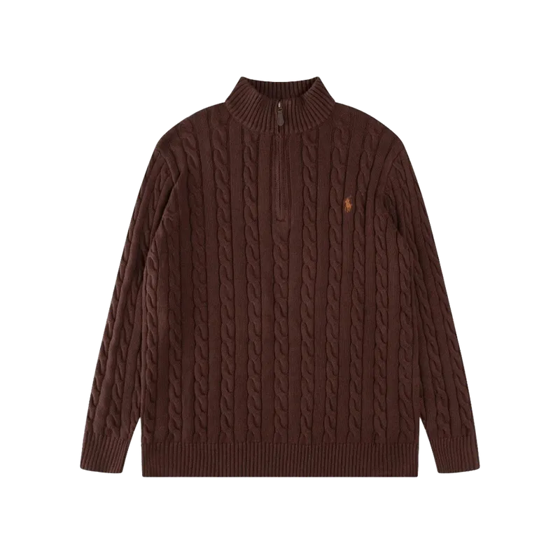 Ralph Lauren Brown Wool Blend Cable-Knit Zip-Neck Sweater