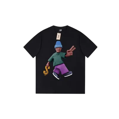 Stussy Black Cotton T-Shirt: Cartoon Graphic Streetwear