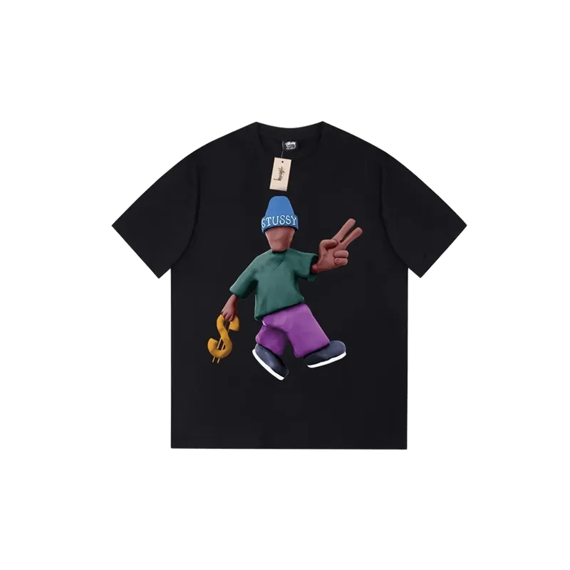 Stussy Black Cotton T-Shirt: Cartoon Graphic Streetwear
